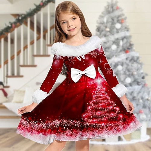 

Kids Girls' Christmas Dress Christmas Tree Casual Dress Above Knee Dress Christmas Gifts Fur Trim Crew Neck Long Sleeve Adorable Dress 2-13 Years Winter Blue Wine