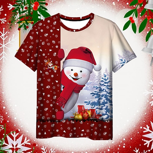 

Men's T shirt Tee Snowman Graphic Prints Crew Neck Red 3D Print Outdoor Christmas Short Sleeve Print Clothing Apparel Sports Designer Casual / Summer