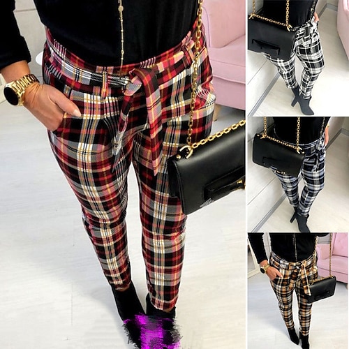 

Women's Pants Trousers Black Green Blue Fashion Casual Weekend Side Pockets Ankle-Length Comfort Plaid Checkered S M L XL XXL