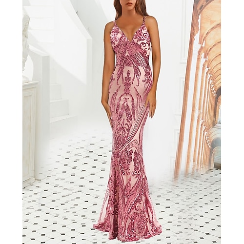 

Mermaid / Trumpet Evening Gown Luxurious Dress Engagement Floor Length Sleeveless Spaghetti Strap Satin with Embroidery Appliques 2022 / Sparkle & Shine