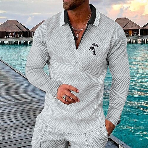 

Men's Collar Polo Shirt Golf Shirt Coconut Tree Graphic Prints Geometry Turndown Gray 3D Print Outdoor Street Long Sleeve Zipper Print Clothing Apparel Fashion Designer Casual Soft