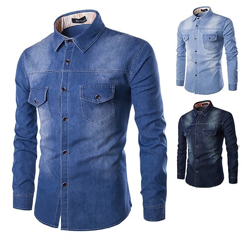 

Men's Denim Shirt Solid Colored Turndown Sea Blue Blue Light Blue Street Daily Long Sleeve Button-Down Clothing Apparel Fashion Casual Comfortable