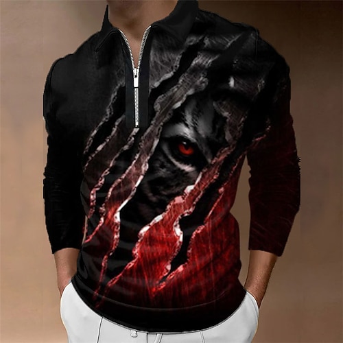 

Men's Polo Shirt Golf Shirt Animal Tiger Dragon Graphic Prints Snake Turndown Black Red Gray 3D Print Outdoor Street Long Sleeve Zipper Print Clothing Apparel Fashion Designer Casual Soft