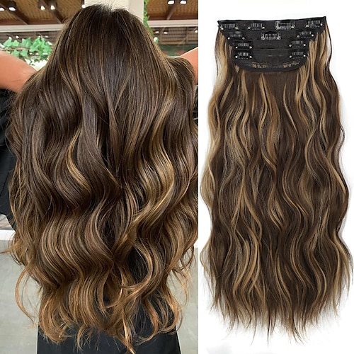 

4PCS Clips in Hair Extension for Women Long Wavy Synthetic Hair 20 inches Thick Hairpiece Balayage Chestnut Brown mix Dark Blonde Hair for Women Girls