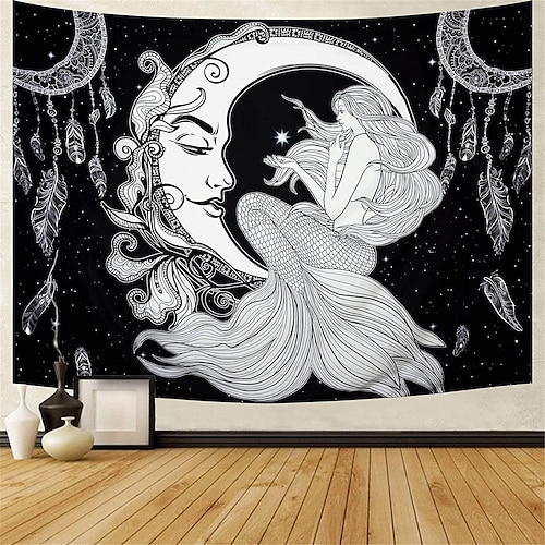 

Moon Mermaid Large Tapestry Psychedelic Black White Tapestry Bohemian Dreamcatcher Wall Tapestry Starry Night Galaxy Stars Tapestry for Bedroom Dorm Decor