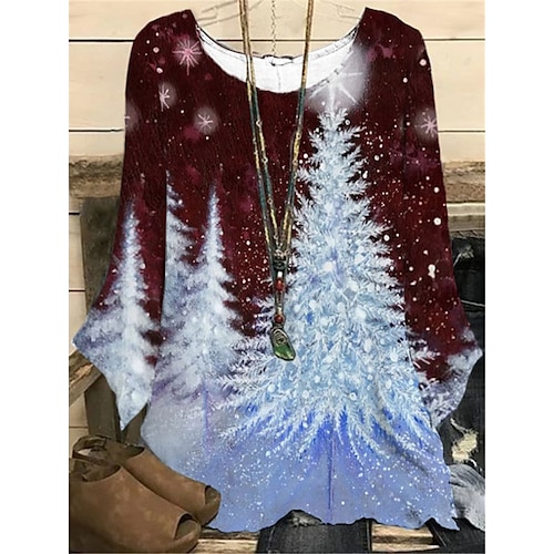 

Women's Plus Size Christmas Tops Blouse Shirt Tree Print Long Sleeve Casual Holiday Daily Polyester Winter Fall Wine