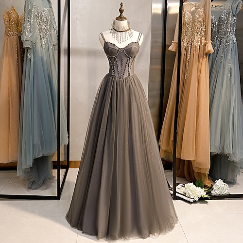 

A-Line Prom Dresses Sexy Dress Formal Floor Length Sleeveless Spaghetti Strap Tulle with Pleats Crystals 2022