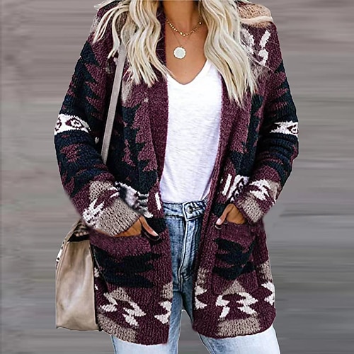 

Women's Shirt Shrugs Green Blue Purple Graphic Print Long Sleeve Casual Ponchos V Neck Regular S