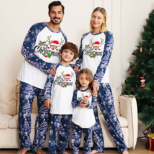 

Christmas Pajamas Family Letter Elk Christmas Tree Home Blue Sky Blue Royal Blue Long Sleeve Basic Matching Outfits