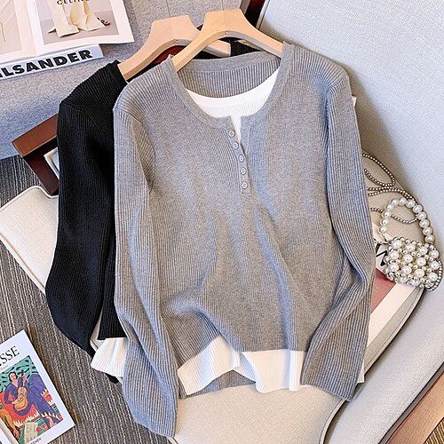 

Women's T shirt Tee Patchwork 2 in 1 Solid / Plain Color Classic Round Neck Regular Spring & Fall Black Grey