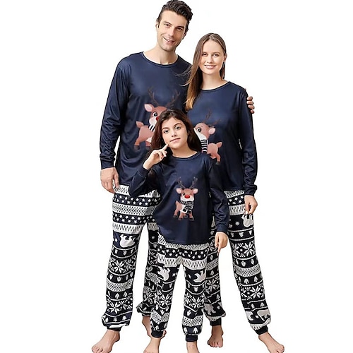 

Christmas Pajamas Family Graphic Star Elk Home Navy Blue Long Sleeve Basic Matching Outfits