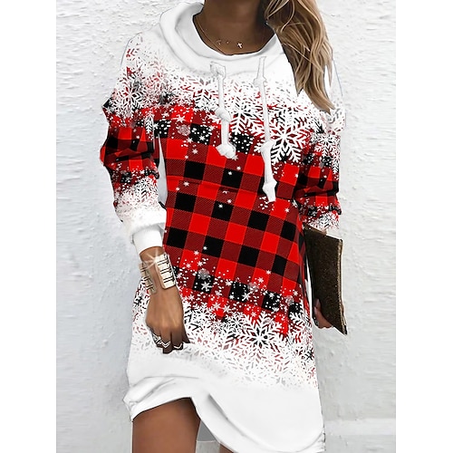 

Women's Christmas Hoodie Dress Shift Dress Mini Dress Blue Wine Red Long Sleeve Plaid Snowflake Print Winter Fall Hooded Vacation Casual 2022 S M L XL XXL 3XL