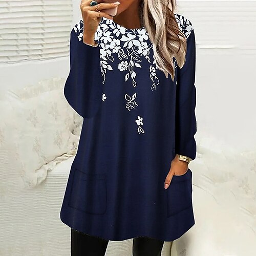 

Women's Casual Dress Shift Dress Mini Dress Blue Long Sleeve Floral Pocket Winter Fall Spring Crew Neck Stylish Weekend 2022 S M L XL XXL 3XL