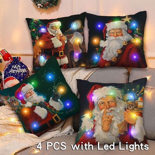 

Christmas LED Light Throw Pillow Cover 4PC Soft Decorative Santa Claus Square Cushion Pillowcase for Bedroom Livingroom Sofa Couch Chair Superior Quality