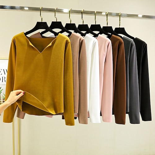 

Women's T shirt Tee Undershirt Bottoming Shirt Black Pink Yellow Plain Long Sleeve Daily Weekend Basic V Neck Regular Fleece lined M