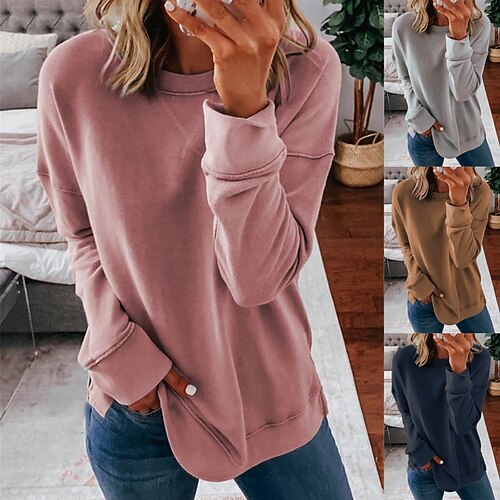 

Women's Basic Solid Colored Daily Round Neck Standard Spring, Fall, Winter, Summer Blue Pink Khaki Grey