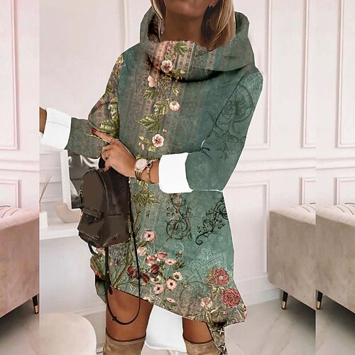 

Women's Sweatshirt Dress Shift Dress Mini Dress Green Long Sleeve Floral Print Winter Fall Autumn Hooded Casual Daily 2022 S M L XL 2XL 3XL