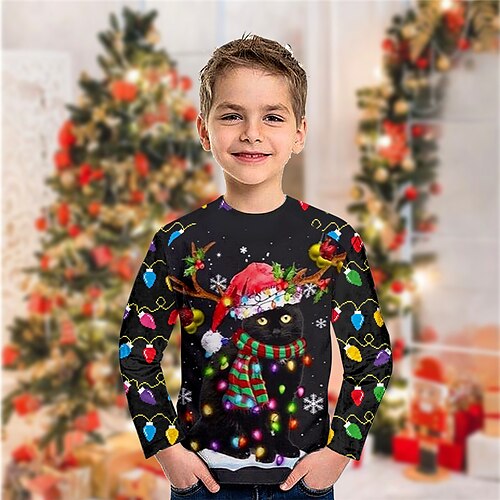 

Toddler Boys Christmas T shirt Tee Animal Cat Long Sleeve Crewneck Children Top Casual 3D Print Cute Daily Winter Fall Black 7-13 Years