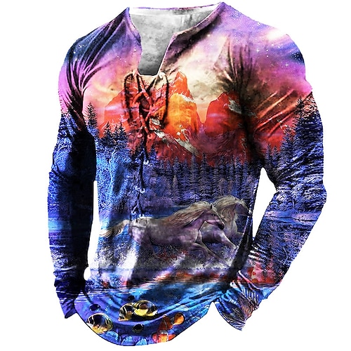 

Men's T shirt Tee Tee Graphic Animal Collar Green Blue Yellow 3D Print Outdoor Street Long Sleeve Lace up Print Clothing Apparel Basic Designer Casual Classic