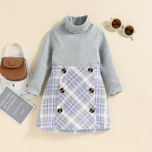 

2 Pieces Toddler Girls' Plaid Skirt & Sweater Set Long Sleeve Active Outdoor 3-7 Years Winter Grey