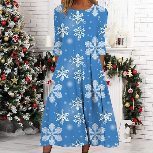 

Women's Christmas Casual Dress Shift Dress Midi Dress Blue 3/4 Length Sleeve Snowflake Ruched Print Fall Winter Round Neck Vacation Casual 2022 S M L XL XXL 3XL