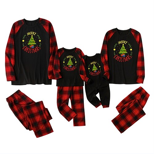 

Christmas Pajamas Family Elk Christmas Tree Home Crewneck Green Black Red Long Sleeve Basic Matching Outfits