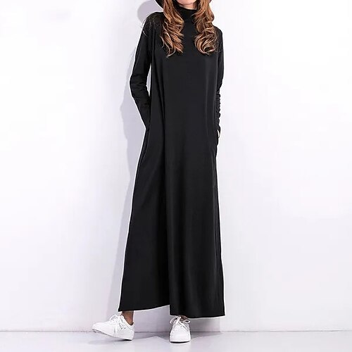 

Women's Casual Dress Swing Dress Long Dress Maxi Dress claret Black Blue Long Sleeve Pure Color Pocket Winter Fall Spring High Neck Fashion Daily Fall Dress 2022 S M L XL 2XL 3XL 4XL 5XL
