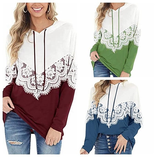 

2021 european and american foreign trade cross-border new amazon autumn and winter new solid color long-sleeved lace color matching hooded sweater women