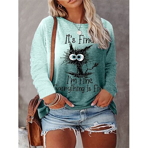 

Women's Plus Size Tops T shirt Tee Animal Cat Print Long Sleeve Crewneck Casual Daily Going out Polyester Winter Fall Green Blue