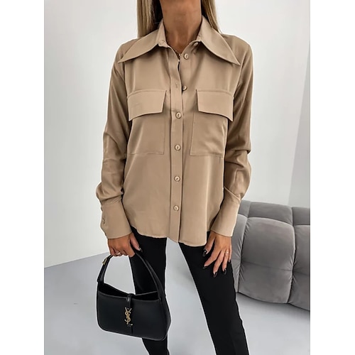 

Women's Blouse Shirt Khaki Brown Gray Plain Button Pocket Long Sleeve Casual Basic Shirt Collar Regular S