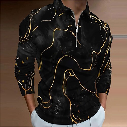 

Men's Polo Shirt Golf Shirt Gradient Abstract Graphic Prints Turndown Silver Gold 3D Print Outdoor Street Long Sleeve Zipper Print Clothing Apparel Fashion Designer Casual Soft