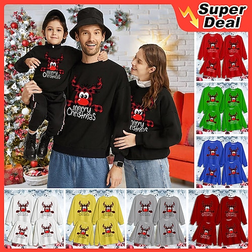 

Ugly Christmas Tops Sweatshirt Pullover Family 1~7 Years Kid Cotton Plaid Deer Letter Christmas Gifts Print Black Red White Long Sleeve Basic Matching Outfits