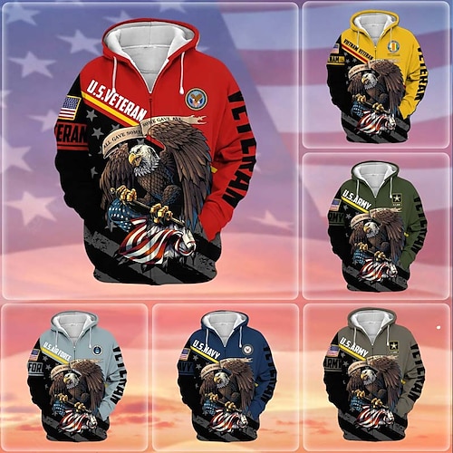

Men's Full Zip Hoodie Jacket Blue Yellow Army Green Khaki Red Hooded Graphic Prints Eagle National Flag Zipper Print Sports & Outdoor Daily Sports 3D Print Streetwear Designer Casual Spring & Fall