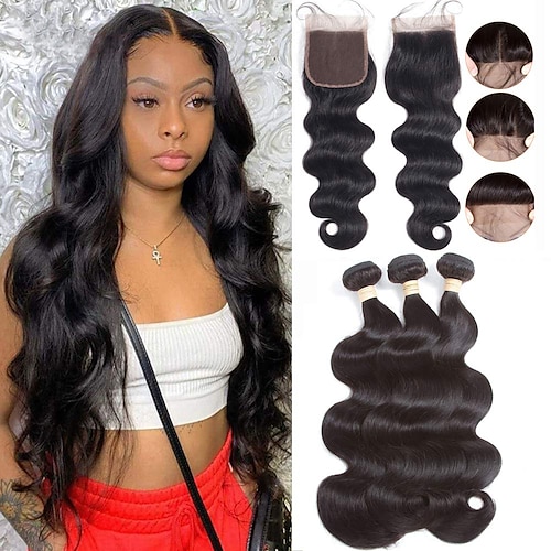 

brazilian body wave menneskehår bundter med lukning 18 20 22 med 16 lukning 8a 100 % ubearbejdet brasiliansk jomfru hår body wave 3 bundter med fri del 4x4 blonde lukning naturlig farve