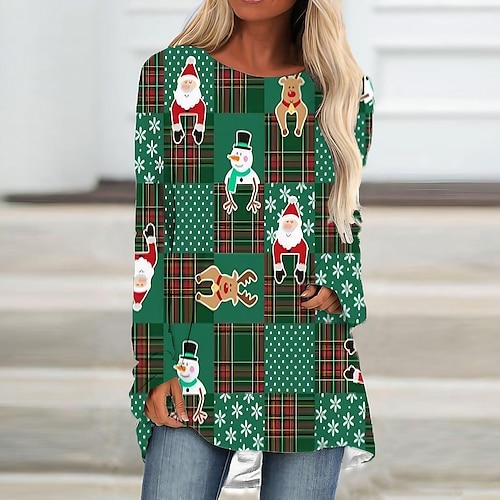 

Women's Christmas Casual Dress T Shirt Dress Tee Dress Mini Dress Green Long Sleeve Plaid Elk Snowman Print Winter Fall Crew Neck Vacation Casual 2022 S M L XL XXL 3XL