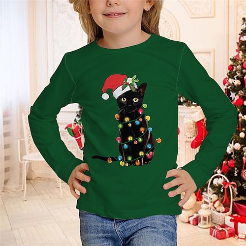 

Kids Girls' Ugly Christmas T shirt Animal Christmas Gifts 3D Printing Long Sleeve Crewneck Cute 7-13 Years Winter Green Black White