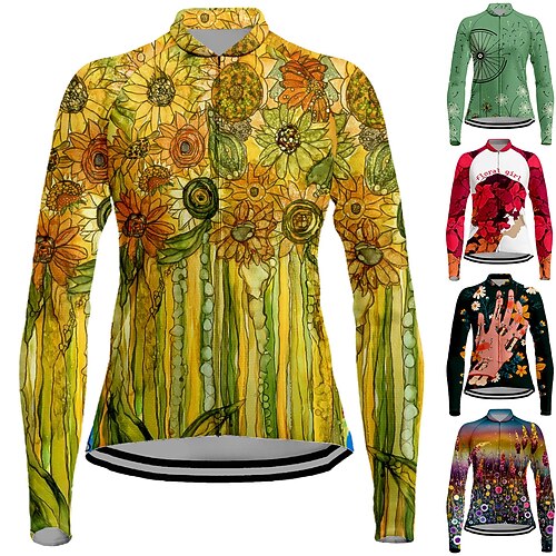 

Women's Cycling Jersey Long Sleeve Bike Jersey Top with 3 Rear Pockets Mountain Bike MTB Road Bike Cycling Breathable Quick Dry Moisture Wicking Reflective Strips Black Green Purple Floral Botanical
