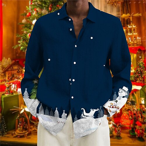 

Men's Shirt Tree Elk Graphic Prints Turndown Wine Navy Blue 3D Print Christmas Street Long Sleeve Button-Down Print Clothing Apparel Fashion Designer Casual Soft