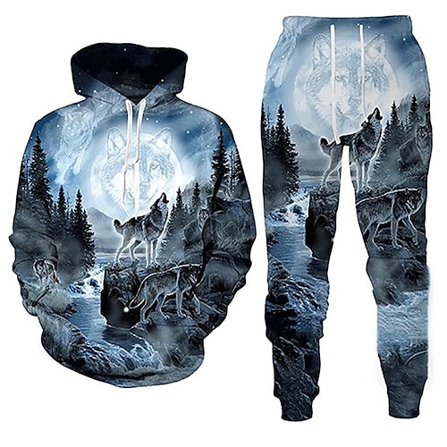 

Hombre Tracksuit Conjunto de sudaderas con capucha Azul Piscina Con Capucha Graphic Animal Lobo 2 Piezas Estampado Deporte Casual Deportes Impresión 3D Básico Ropa de calle Design Otoño Primavera Ropa