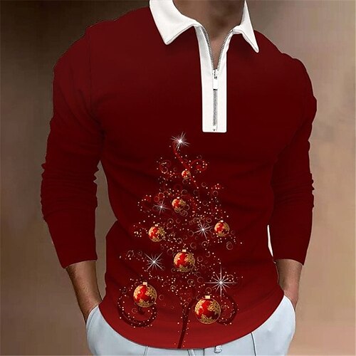 

Men's Collar Polo Shirt Golf Shirt Tree Graphic Prints Turndown Wine 3D Print Christmas Street Long Sleeve Zipper Print Clothing Apparel Fashion Designer Casual Soft