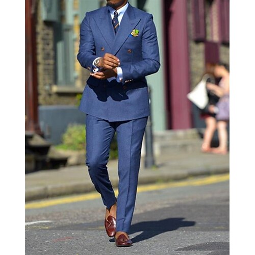 

Lake blue Men's Wedding Suits 2 Piece Solid Colored Standard Fit Double Breasted Six-buttons 2022