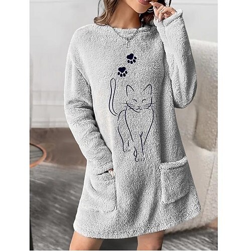 

Women's Hoodie Dress Sherpa Fleece Teddy Pocket Rrey Cat Street Round Neck Long Sleeve Fleece S M L XL 2XL