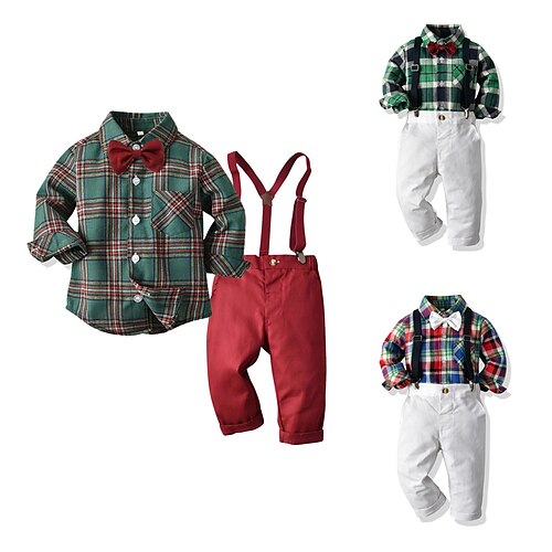 

2 Pieces Toddler Boys Shirt & Pants Clothing Set Outfit Plaid Long Sleeve Cotton Set Outdoor Fashion Daily Winter Fall 3-7 Years Green Wine White