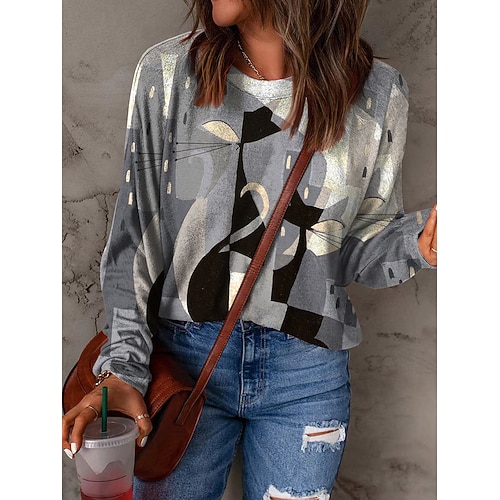 

Women's Sweatshirt Pullover Basic Gray Cat Street Round Neck Long Sleeve S M L XL 2XL 3XL
