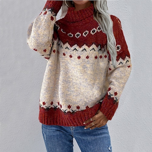 

Women's Ugly Christmas Sweater Pullover Sweater Jumper Jumper Ribbed Knit Knitted Geometric Turtleneck Stylish Casual Outdoor Christmas Winter Fall Red S M L