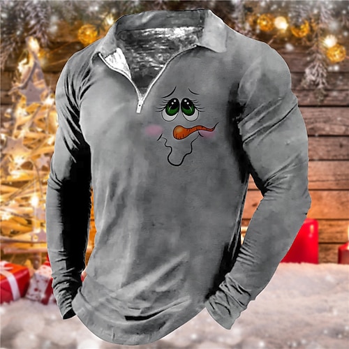 

Men's Collar Polo Shirt Golf Shirt Snowman Graphic Prints Ugly Christmas Turndown Khaki Gray 3D Print Christmas Street Long Sleeve Zipper Print Clothing Apparel Fashion Designer Casual Soft