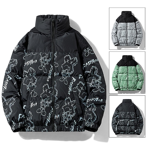 

Men's Coat Warm Sports & Outdoor Single Breasted Letter Bear 3D Printed Graphic Stand Collar Fashion Jacket Outerwear Long Sleeve Pocket Fall & Winter