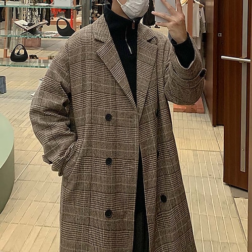 

Men's Winter Coat Wool Coat Overcoat Daily Wear Going out Winter Polyester Thermal Warm Washable Outerwear Clothing Apparel Fashion Warm Ups Plaid / Check Pocket Lapel Single Breasted