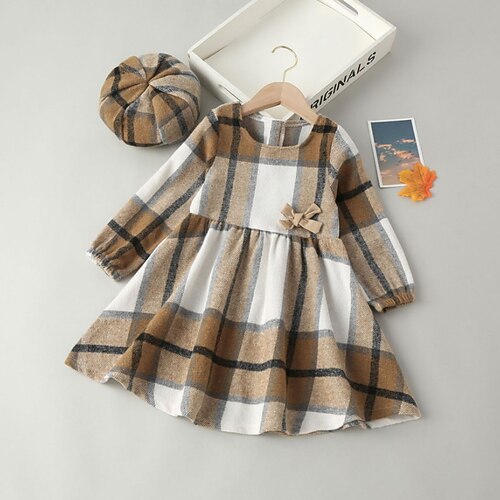 

Kids Girls' Dress Plaid A Line Dress Above Knee Dress Performance Crew Neck Long Sleeve Active Dress 3-7 Years Winter Khaki