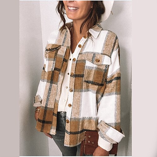 

Women's Shacket Khaki Plaid Button Print Long Sleeve Casual Basic Shirt Collar Regular S